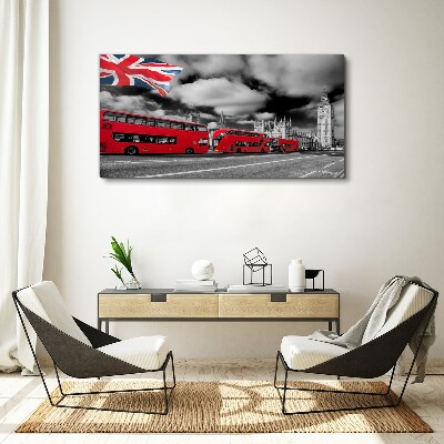 Wandbild Rote Londoner Busse mit britischer Flagge