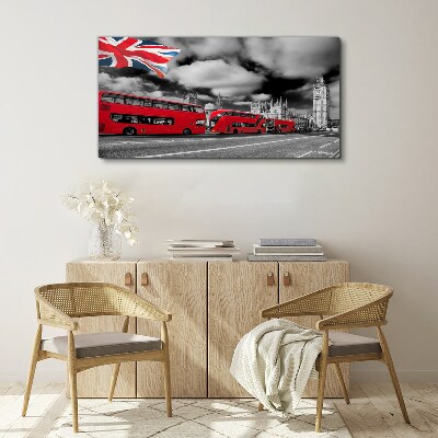 Wandbild Rote Londoner Busse mit britischer Flagge