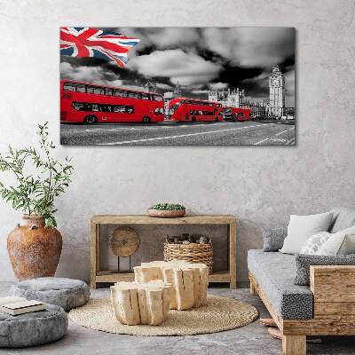 Wandbild Rote Londoner Busse mit britischer Flagge