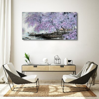 Bild auf leinwand Bäume Blumen Boote