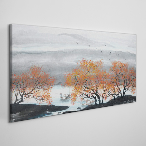 Foto auf leinwand Herbstnebel über dem See