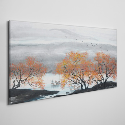 Foto auf leinwand Herbstnebel über dem See