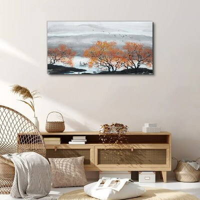 Foto auf leinwand Herbstnebel über dem See