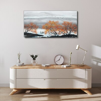 Foto auf leinwand Herbstnebel über dem See