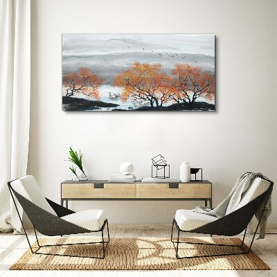 Foto auf leinwand Herbstnebel über dem See