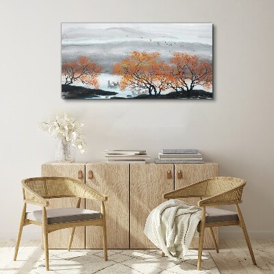 Foto auf leinwand Herbstnebel über dem See