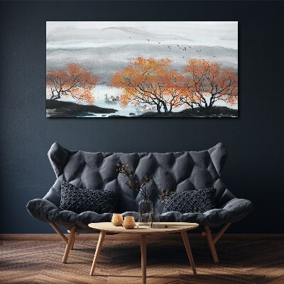 Foto auf leinwand Herbstnebel über dem See