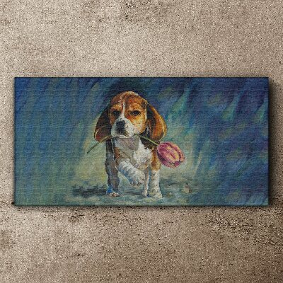 Bild auf leinwand Ein Hund mit einer Rose vor dem Himmel