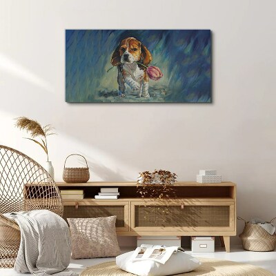 Bild auf leinwand Ein Hund mit einer Rose vor dem Himmel