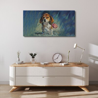 Bild auf leinwand Ein Hund mit einer Rose vor dem Himmel