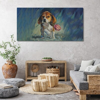 Bild auf leinwand Ein Hund mit einer Rose vor dem Himmel