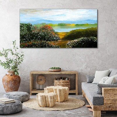Foto auf leinwand Landschaft mit blühenden Sträuchern