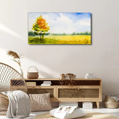 Foto auf leinwand Goldener Herbst vor der Kulisse einer Wiese