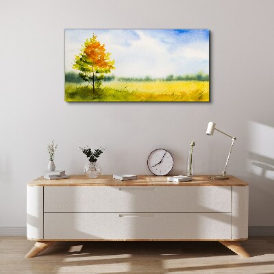 Foto auf leinwand Goldener Herbst vor der Kulisse einer Wiese