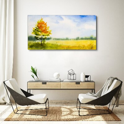 Foto auf leinwand Goldener Herbst vor der Kulisse einer Wiese