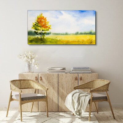 Foto auf leinwand Goldener Herbst vor der Kulisse einer Wiese