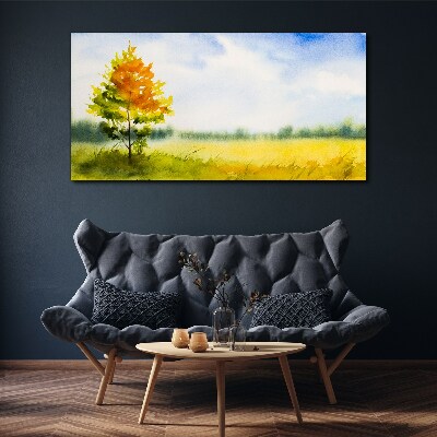 Foto auf leinwand Goldener Herbst vor der Kulisse einer Wiese