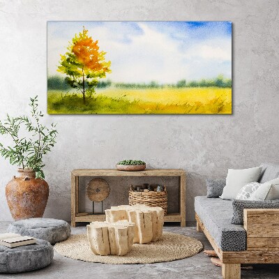 Foto auf leinwand Goldener Herbst vor der Kulisse einer Wiese