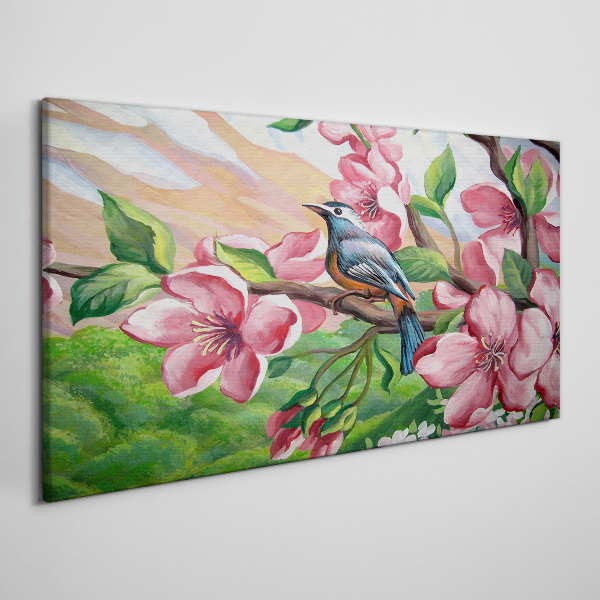 Foto auf leinwand Ein Vogel vor einem Hintergrund aus Frühlingsblumen