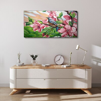 Foto auf leinwand Ein Vogel vor einem Hintergrund aus Frühlingsblumen