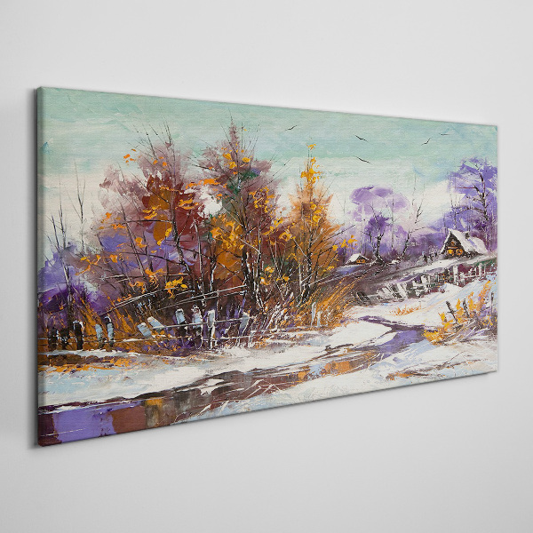 Foto auf leinwand Winterlandschaft mit einem Haus im Wald