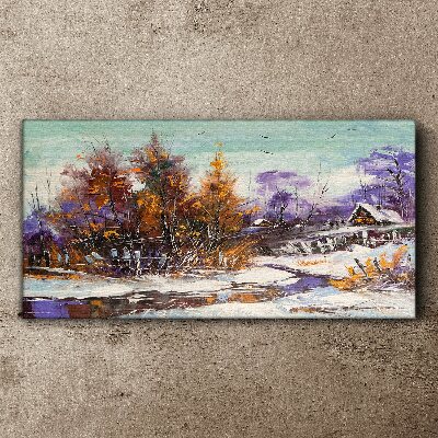Foto auf leinwand Winterlandschaft mit einem Haus im Wald