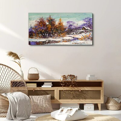 Foto auf leinwand Winterlandschaft mit einem Haus im Wald