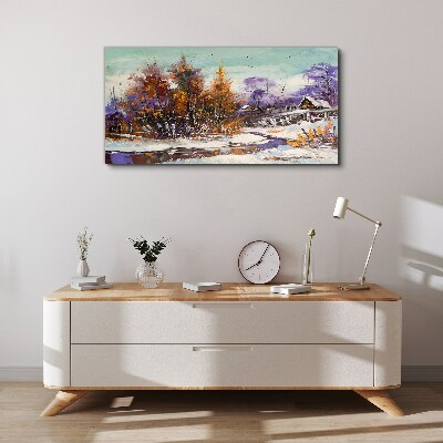 Foto auf leinwand Winterlandschaft mit einem Haus im Wald