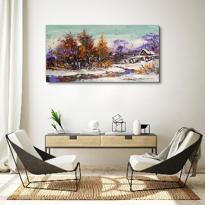Foto auf leinwand Winterlandschaft mit einem Haus im Wald