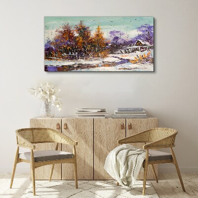 Foto auf leinwand Winterlandschaft mit einem Haus im Wald