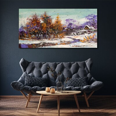Foto auf leinwand Winter Schnee Bäume Hütten Fluss
