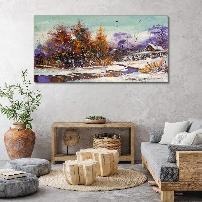 Foto auf leinwand Winter Schnee Bäume Hütten Fluss