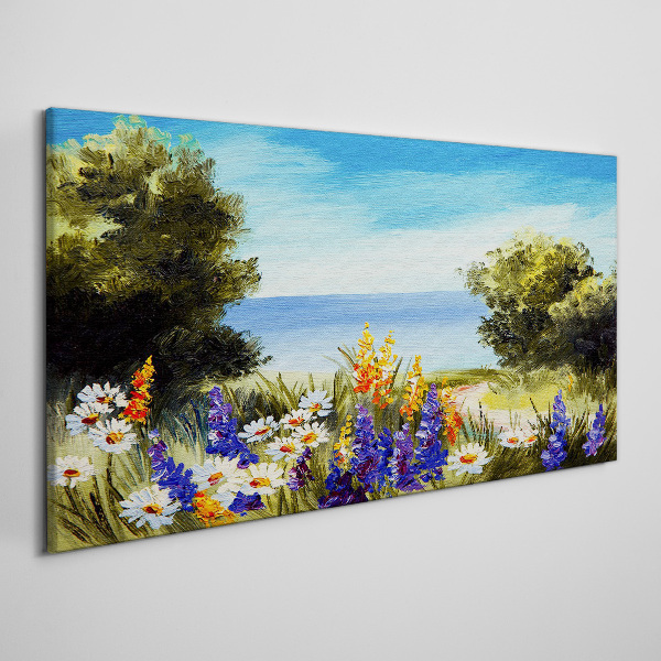 Foto auf leinwand Landschaft mit Blumen am Meer