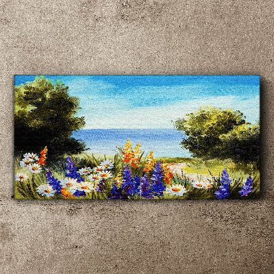 Foto auf leinwand Landschaft mit Blumen am Meer