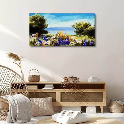 Foto auf leinwand Landschaft mit Blumen am Meer