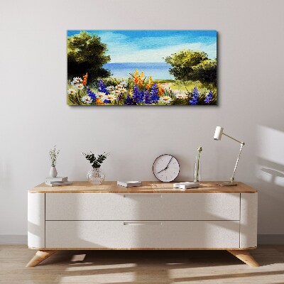 Foto auf leinwand Landschaft mit Blumen am Meer