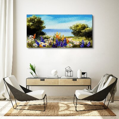 Foto auf leinwand Landschaft mit Blumen am Meer