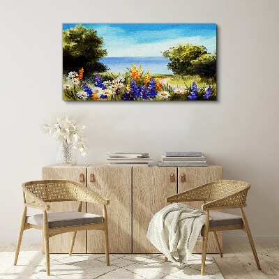Foto auf leinwand Landschaft mit Blumen am Meer