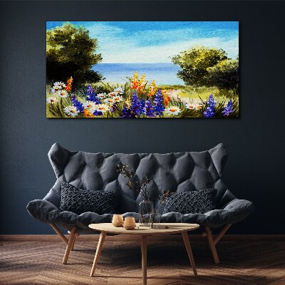 Foto auf leinwand Landschaft mit Blumen am Meer
