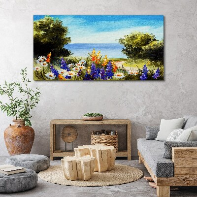 Foto auf leinwand Landschaft mit Blumen am Meer