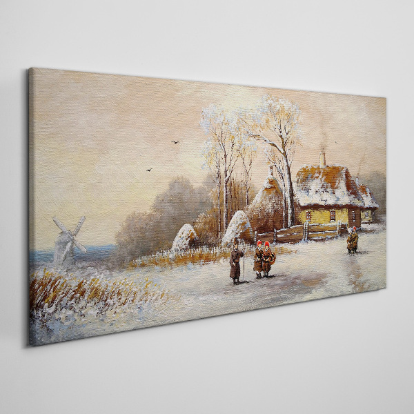 Foto leinwand Winterlandschaft mit Hütte und Wind