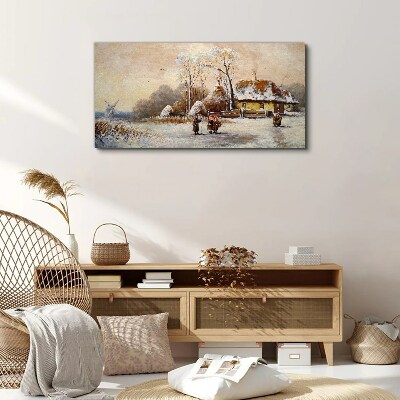 Foto leinwand Winterlandschaft mit Hütte und Wind