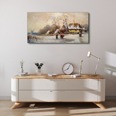 Foto leinwand Winterlandschaft mit Hütte und Wind