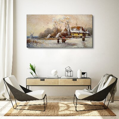 Foto leinwand Winterlandschaft mit Hütte und Wind