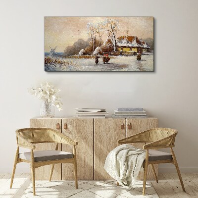 Foto leinwand Winterlandschaft mit Hütte und Wind