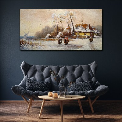 Foto leinwand Winterlandschaft mit Hütte und Wind