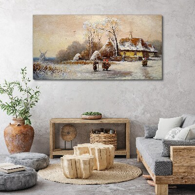 Foto leinwand Winterlandschaft mit Hütte und Wind