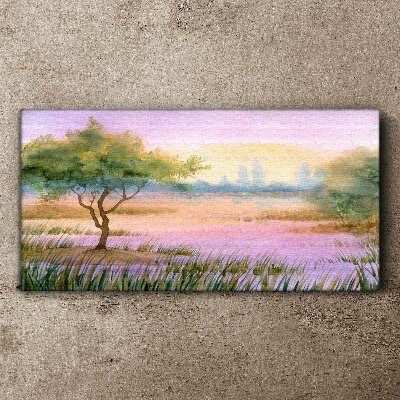 Foto auf leinwand Morgenlandschaft mit einem Baum