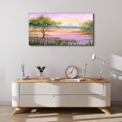 Foto auf leinwand Morgenlandschaft mit einem Baum