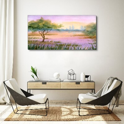 Foto auf leinwand Morgenlandschaft mit einem Baum